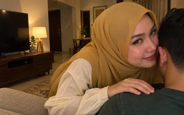 Isteri bisik dan ketawa dengan suami atas sofa waktu malam