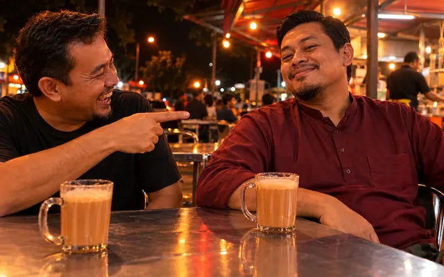 Dua kawan ketawa di kedai kopi