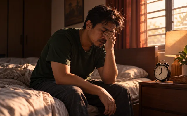 Suami letih duduk tepi katil pagi