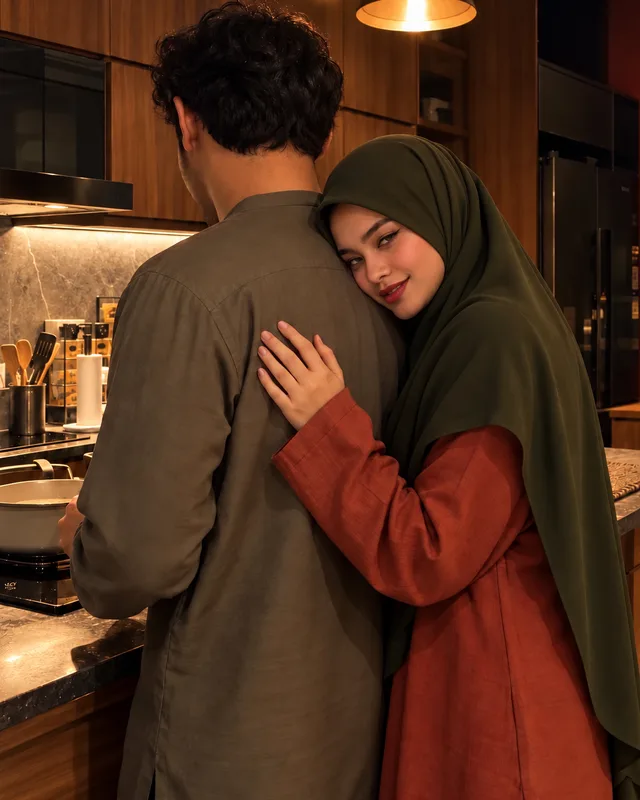 Isteri peluk suami di dapur
